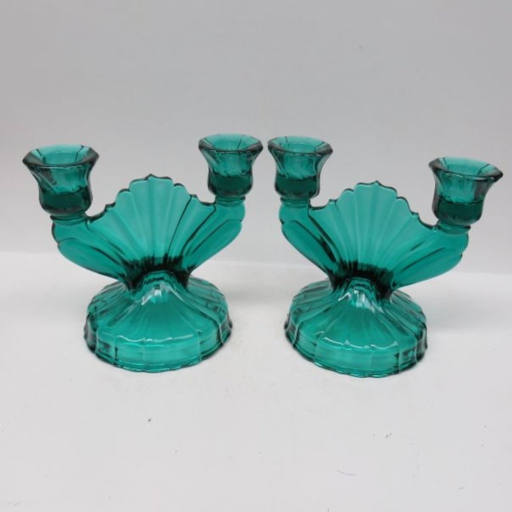 Jeannette Depression Glass Ultramarine SWIRL Double Candle Holders, Pair